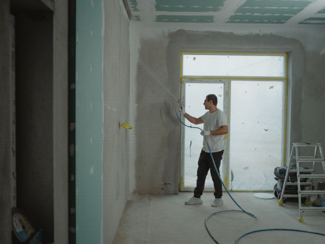 office renovation construction site, commercial office interior remodel, office building renovation workers